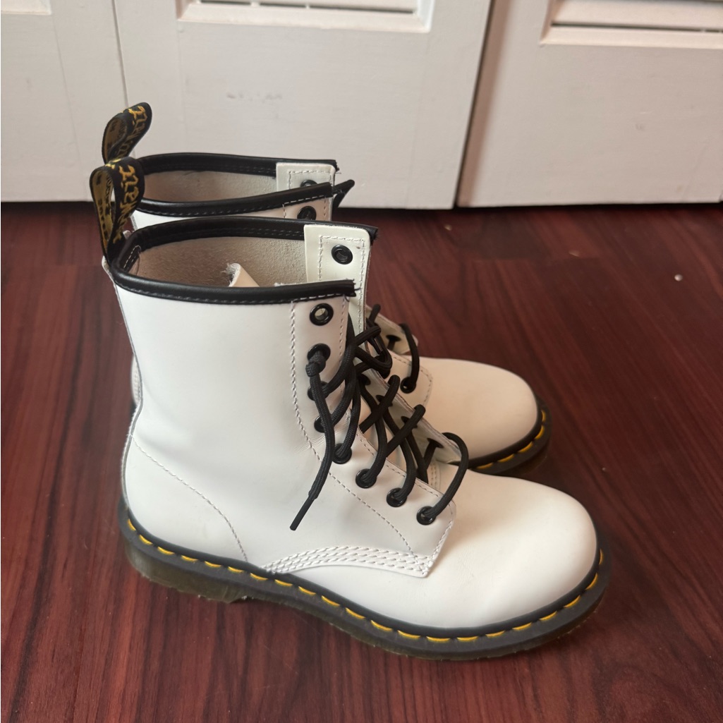 White Lace-Up Boots With Black Trim